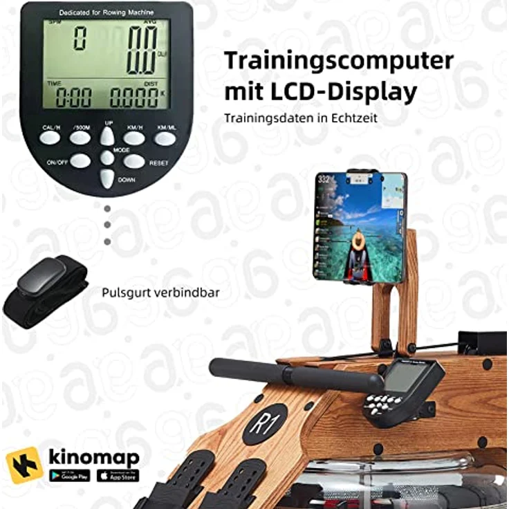 JASPORT R1 | Wasser-Rudergerät für zuhause aus Massiveholz (Esche) | Rudermaschine mit Trainingscomputer (Kinomap kompatibel) & Tablethalterung (Natur) - Preisvergleich – Bild 5