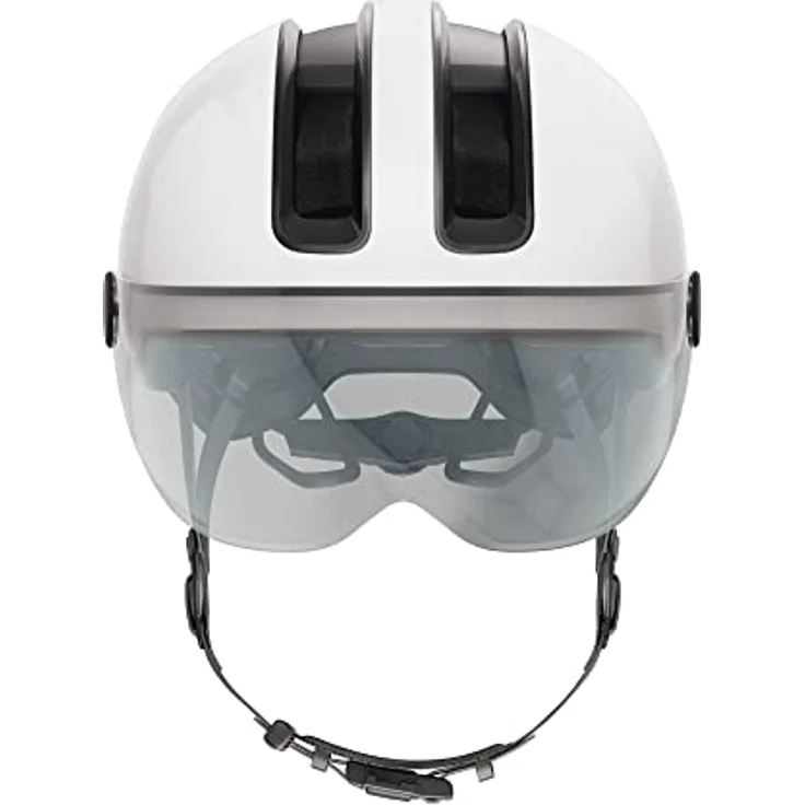 ABUS Stadthelm HUD-Y ACE, stylischer Fahrradhelm mit Visier und aufladbarem LED-Rücklicht, Weiß Glänzend, Größe S – Bild 3