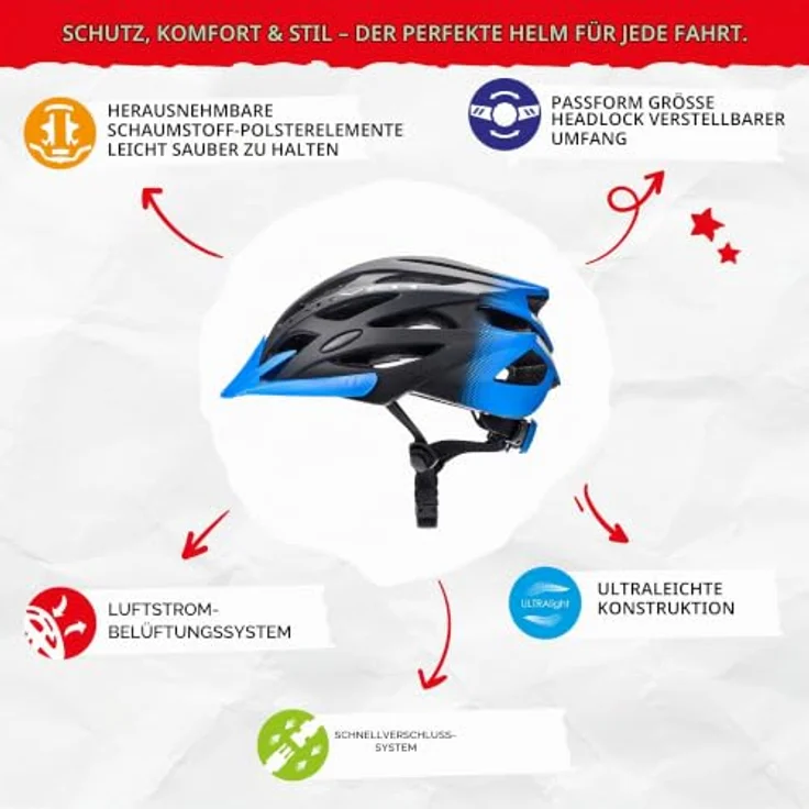 Meteor Marven Fahrradhelm, MTB und Rollerhelm, L 58-61 cm, Schwarz Blau, mit 23 Belüftungsöffnungen und FIT SIZE-System – Bild 2