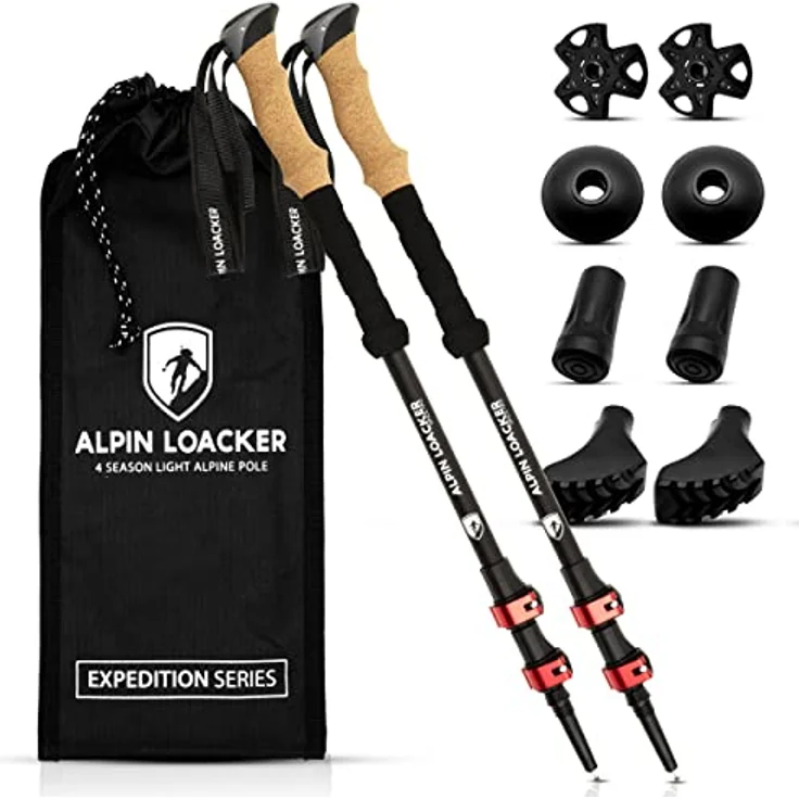 ALPIN LOACKER Teleskop Wanderstöcke Aluminium mit Korkgriff, ultraleichte und bruchsichere Nordic Walking Stöcke, verstellbar von 105 bis 135 cm, inkl. Zubehör und tragbarer Tasche, rot – Bild 1