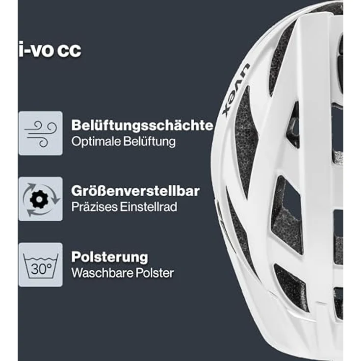 Uvex i-vo cc, Fahrradhelm 56-60 cm, Matt Weiß, leichter Allround-Helm mit 3D IAS-System, 24 Belüftungsöffnungen, X-fit-Polster, abnehmbarem Visier, optionalem Plug-in LED, Insektennetz – Bild 3