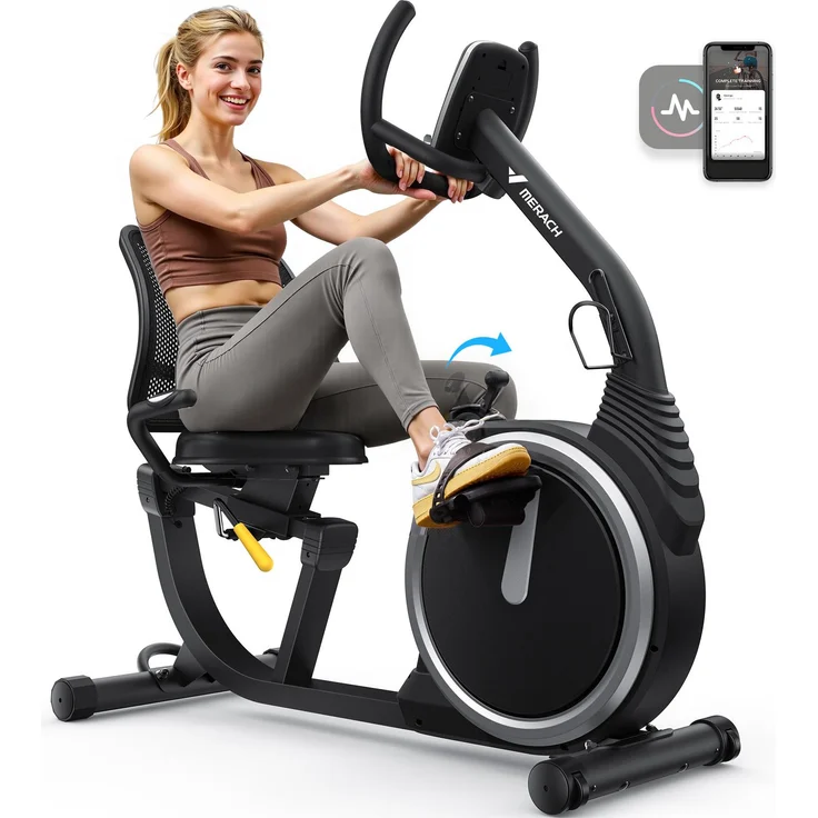 Merach Liege-Heimtrainer, gelenkschonendes Fitnessbike bis 135 kg, Dual-Belt-Antrieb, ergonomischer Sitz mit Rückenlehne, Bluetooth-Konnektivität, LCD-Display