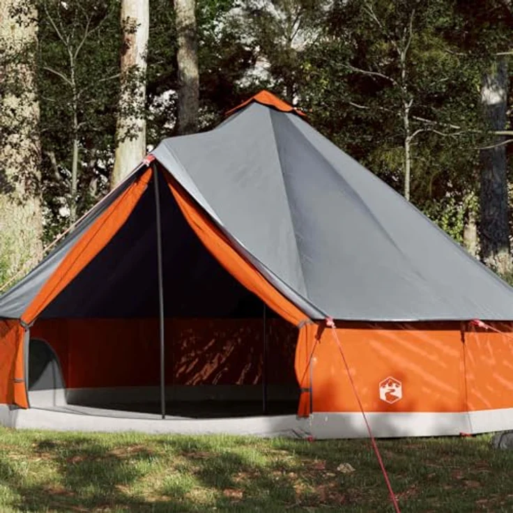 vidaXL Tipi Familienzelt für 12 Personen, Wasserdichtes Campingzelt mit Netzwänden und E-Anschluss, Grau Orange 185T Polyester – Bild 2