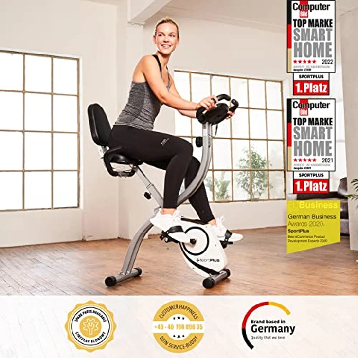 SportPlus Heimtrainer klappbar für zuhause, optional mit App Steuerung, Rückenlehne,Pulsmessung, manuelle oder computergesteuerte Widerstände, X Bike platzsparend faltbar – Bild 2