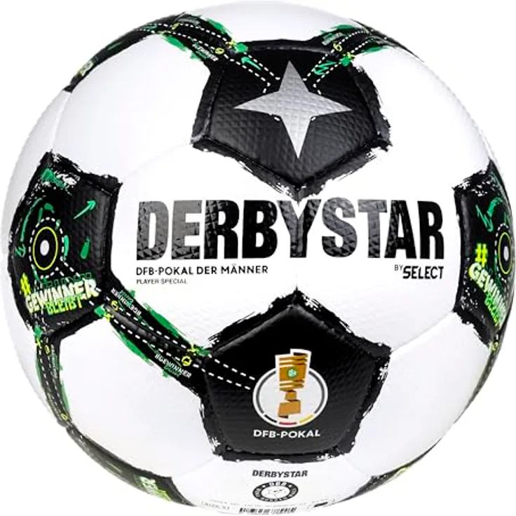 Derbystar DFB-Pokal Fußball Player Special, Größe 5 mit PU-Diamantstruktur, unaufgeblasen in Schwarz-Weiß mit grünen Akzenten, offizielles Lizenzprodukt
