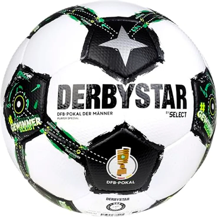 Derbystar DFB-Pokal Fußball Player Special, Größe 5 mit PU-Diamantstruktur, unaufgeblasen in Schwarz-Weiß mit grünen Akzenten, offizielles Lizenzprodukt – Bild 1