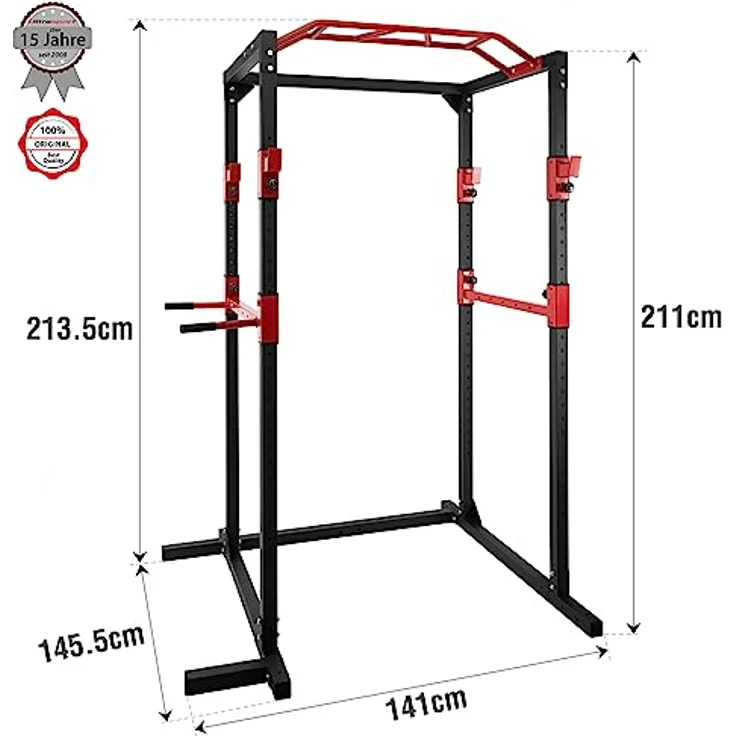Ultrasport Power Rack Basic, fitness-rack aus Stahl gemacht, Kraftstation mit 4 J-Haken für Langhanteltraining, Klimmzugstange, Dip-Haltern, Ganzkörpertraining für Anfänger bis Fachmann, Schwarz/Rot – Bild 2