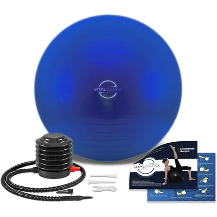 VITALWORXX Gymnastikball für Schwangere, extrem stabil, Dunkelblau, 65 cm, inkl. Pumpe und Übungen für Schwangerschaft, Geburt, Gesundheit – Bild 1