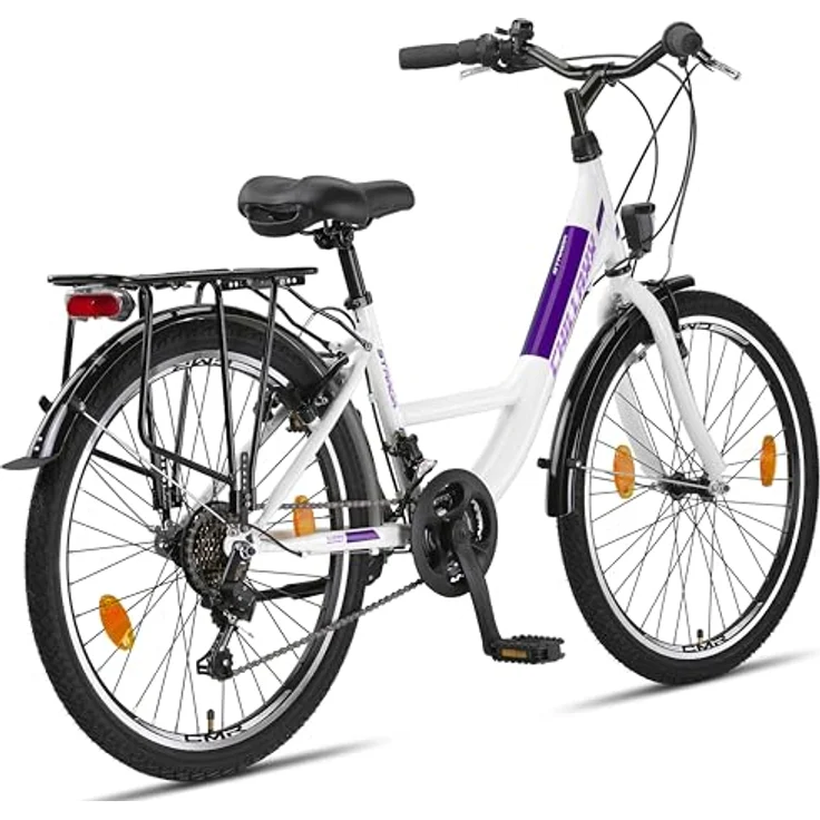 Chillaxx Bike Strada Premium City Bike 24 Zoll Weiß-Purple V-Bremse - Hollandfahrrad mit 21 Gang-Schaltung – Bild 3