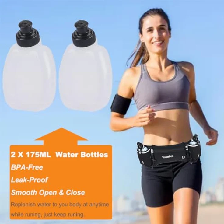 Wanlxc Hüfttasche Sport, Bauchtasche mit 2 BPA-freien Trinkflaschen, wasserdichter Laufgürtel für Joggen und Fahrradfahren, reflektierend, verstellbar, für Damen und Herren – Bild 2