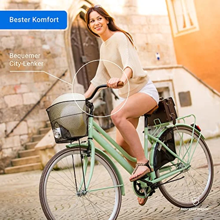 Bergsteiger Amsterdam Damenfahrrad 26 Zoll, 28 Zoll, ab 150 cm, mit Korb, Fahrrad-Licht, Rücktrittbremse - Retro-Design, blau – Bild 2
