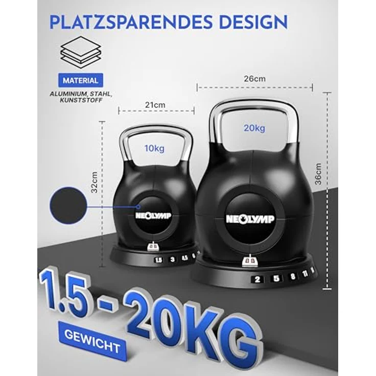 NEOLYMP 7-in-1 Kettlebell Set 1,5-20 kg, verstellbare Kugelhantel mit robustem Edelstahl-Handgriff und Sicherheitsmechanismus – Bild 2