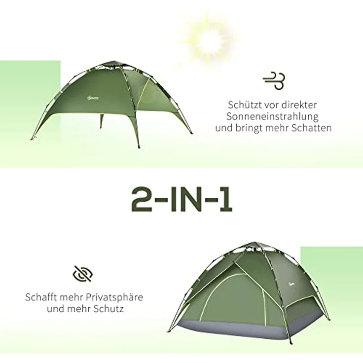 Outsunny Doppelzelt Campingzelt Familienzelt Quick-Up-Zelt 4 Jahreszeiten wasserdicht Dunkelgrün 210 x 210 x 140 cm – Bild 4