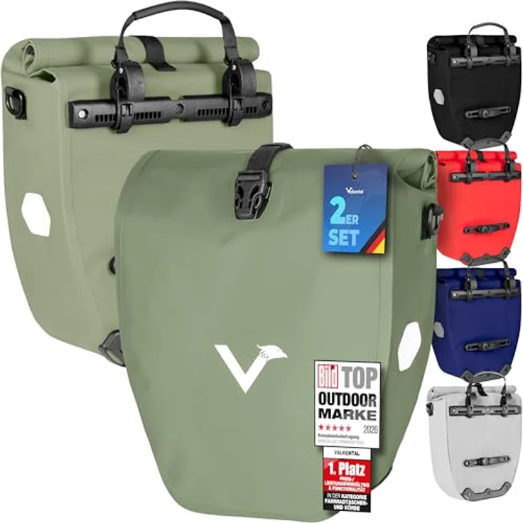 Valkental Gepäckträgertasche, wasserdicht, 20L Füllvolumen, mit Reflektoren, Natur Grün – Bild 1