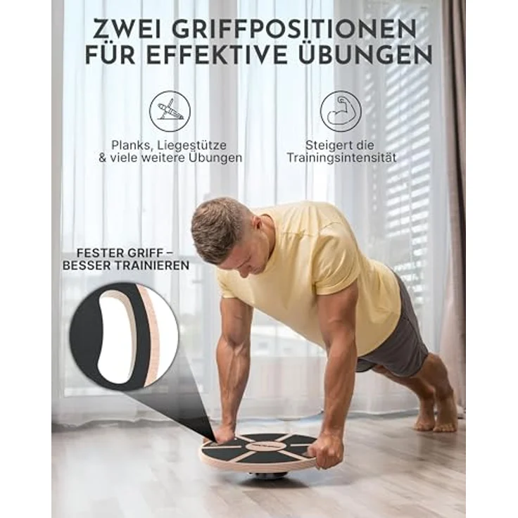 NEOLYMP Balanceboard Holz mit Griffen, 360° Rutschfestes Gleichgewichtsboard aus Echtholz mit Anti-Rutsch-Beschichtung – Bild 3