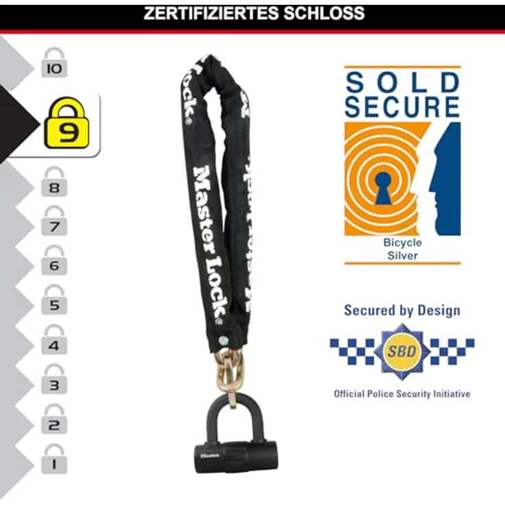 Master Lock Nr. 8234EURDPRO, Veloschloss 90 cm mit gehärteten Stahlgliedern, wetterfest und Hochsicherheits-Scheibenzylinder – Bild 4