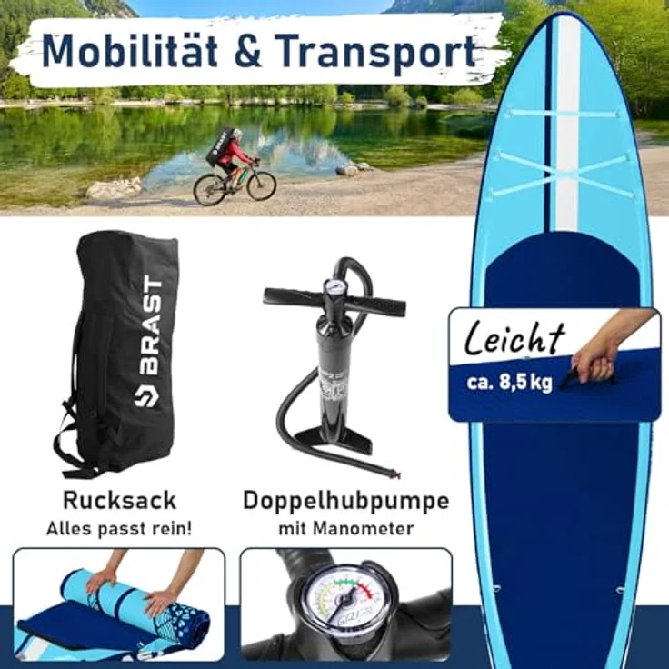 BRAST SUP Board Shark, Aufblasbares Stand Up Paddle Set 320x81x15cm, 200 kg Tragkraft, 2in1 Paddel, Kajaksitz, Action-Cam-Halterung, 5 Jahre Garantie, 8 Designs – Bild 4