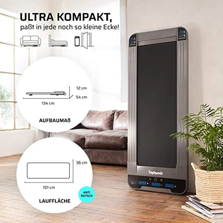 SportPlus Walking Laufband für zuhause & im Büro - Walking Pad bis 6 km/h (leiser Motor), ideal als Desk Laufband am Schreibtisch,kein Joggen möglich, bis 120 kg,Grau-Schwarz,ca. 133x53x10 cm (LxBxH) – Bild 5