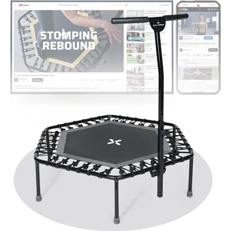 SportPlus| Newest Edition | Fitness Trampolin für zuhause, mit Haltestange (5-Fach höhenverstellbar), weiche Gummiseilfederung, sehr leise & bis 130 kg belastbar, anthrazit – Bild 1