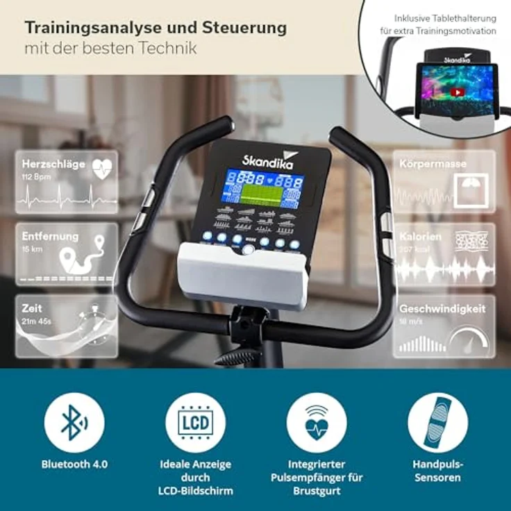 Skandika Ergometer Fahrrad Atlantis | Heimtrainer mit App Steuerung (Kinomap, iConsole), Bluetooth, 10kg Schwungmasse, Puls und Körperfettmessung, 32 Stufen, geräuscharm, Transportrollen | bis 150kg – Bild 2