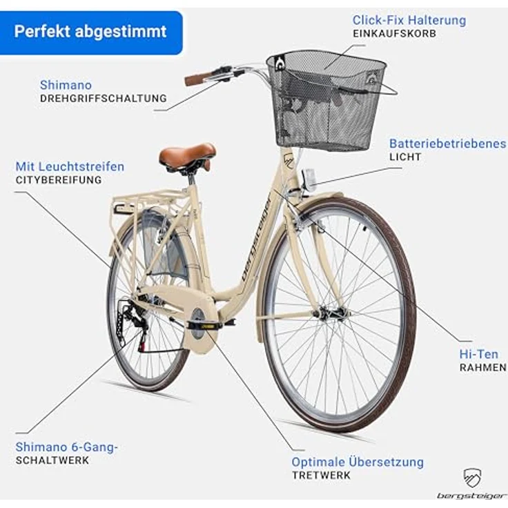 Bergsteiger Paris 28 Zoll Damenfahrrad, Retro-Design, 6 Gang-Schaltung, Korb, Fahrrad-Licht, Damen-Citybike – Bild 5