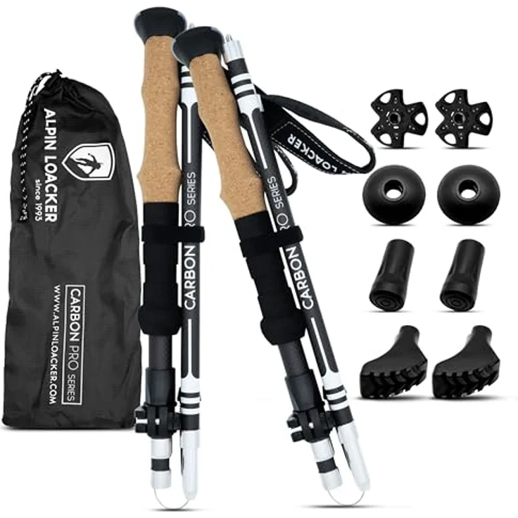ALPIN LOACKER Faltbare Carbon Wanderstöcke mit Korkgriff, Teleskop Trekkingstöcke für Damen, 100-120 cm, ultraleicht und bruchsicher, inkl. Schneeteller und Tasche – Bild 1
