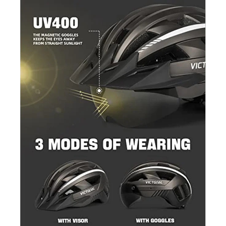Victgoal VICTGOAL Fahrradhelm Herren Damen MTB Helm, abnehmbare magnetische Schutzbrille, atmungsaktiv, 21 Belüftungskanäle, einstellbare Größe M (54-58cm), inkl. LED Rücklicht – Bild 2