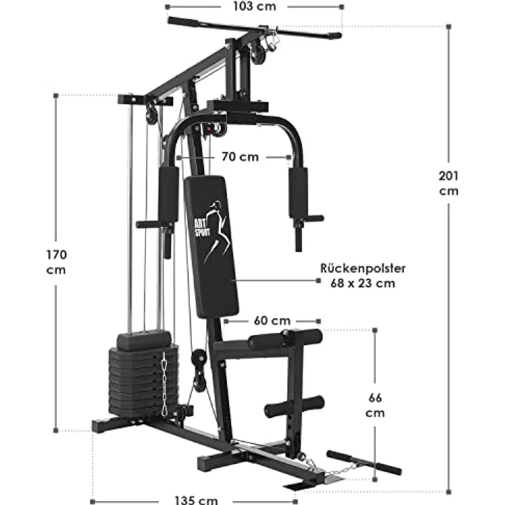 ArtSport Kraftstation ProfiGym 2000 mit Latzug- & Butterflystange, Seilzug & Beinstrecker - 9 Gewichte mit 40kg - Multistation Krafttraining Zuhause – Bild 2