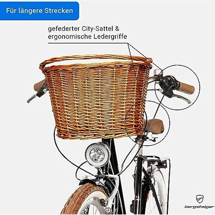 Bergsteiger Marseille 28 Zoll Damenfahrrad in Retro-Design, 6 Gang Shimano Tourney Schaltung, Rattan-Korb, Fahrrad-Licht, Damen-Citybike (Rot) – Bild 3