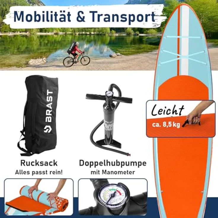 BRAST SUP Board Shark, Aufblasbares Stand up Paddle Set 320x81x15cm, hohe Stabilität, 8 Designs, 5 Jahre Garantie, inkl. Kajaksitz, 2in1 Paddel, Action-Cam-Halterung, Fußschlaufe, Pumpe, Rucksack – Bild 4