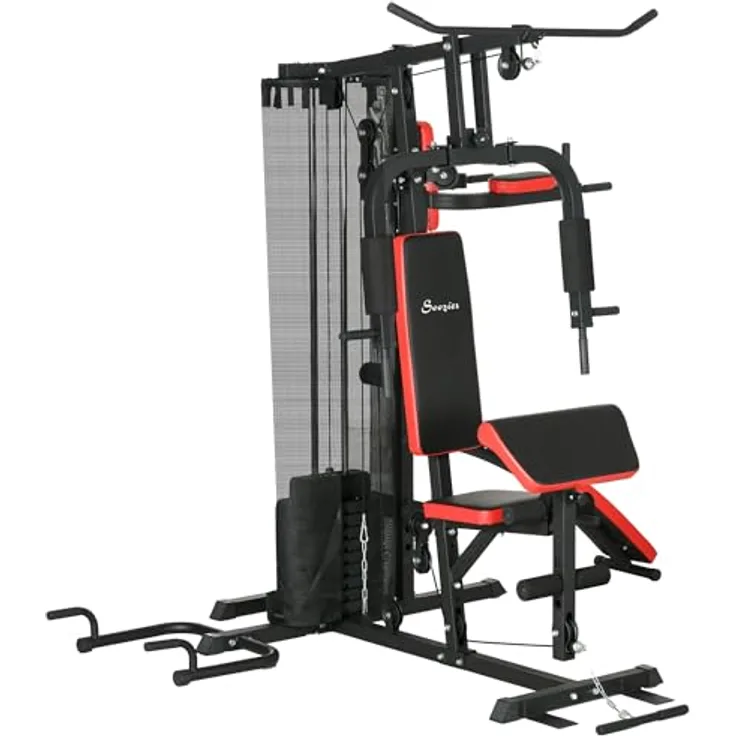 SPORTNOW Kraftstation, Multifunktionale Fitnessstation mit Butterfly- & Latzugstange, Curler, Brustpresse, Sit-Up-Bank, 65 kg Gewichtsblöcken, Schwarz