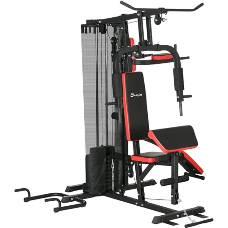 SPORTNOW Kraftstation, Multifunktionale Fitnessstation mit Butterfly- & Latzugstange, Curler, Brustpresse, Sit-Up-Bank, 65 kg Gewichtsblöcken, Schwarz – Bild 1