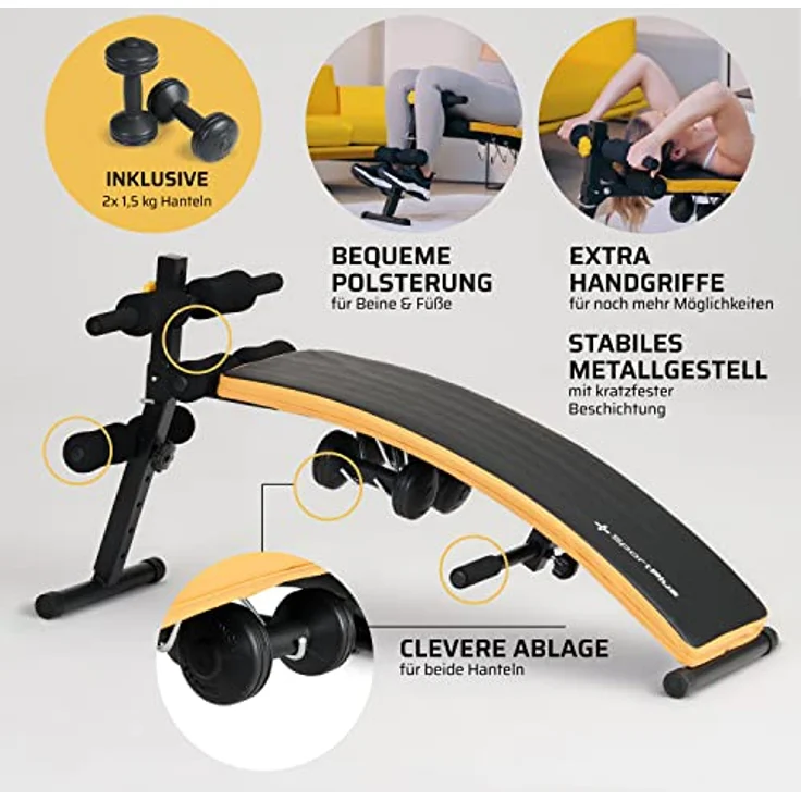 SportPlus Sit Up Bank klappbar mit 2x 1,5 kg Hanteln, Bauchtrainer mit Beinfixierung, mit Handgriffen für diverse Übungen, Hantelbank, trainiert Bauch, Rücken, Schultern & mehr – Bild 4