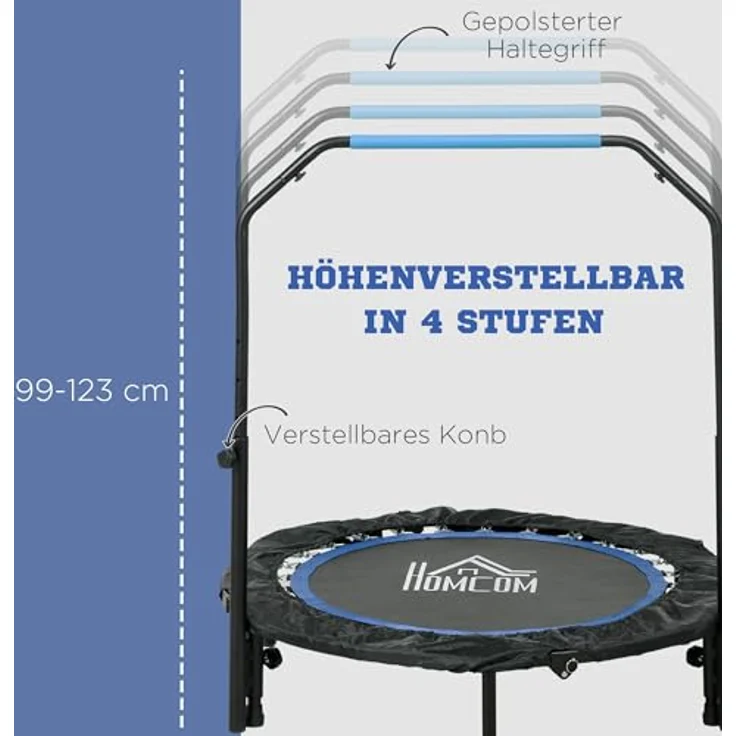 HOMCOM 102 cm Fitness-Trampolin, Faltbares Mini-Trampolin mit 4-Fach Höhenverstellbarer Haltegriff, belastbar bis 100 kg, Schwarz – Bild 3