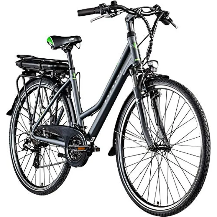 ZÜNDAPP Z802 E Bike Trekking 155-185 cm, 21 Gänge, bis 115 km, 28 Zoll Elektrofahrrad mit LED Display (grau/grün, 48 cm)