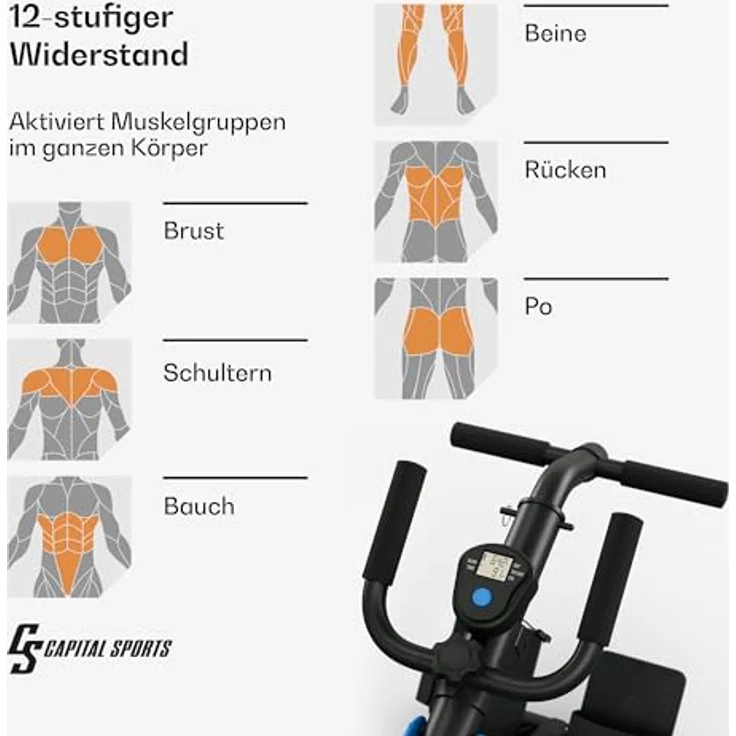 CAPITAL SPORTS Rudergerät für Zuhause Klappbar, Sport Rudergerät mit Magnetwiderstand, Klappbarer Rowshaper für Krafttraining mit LCD-Display, 8-Stufige Magnet-Rudermaschine für Zuhause, Schwarz – Bild 3