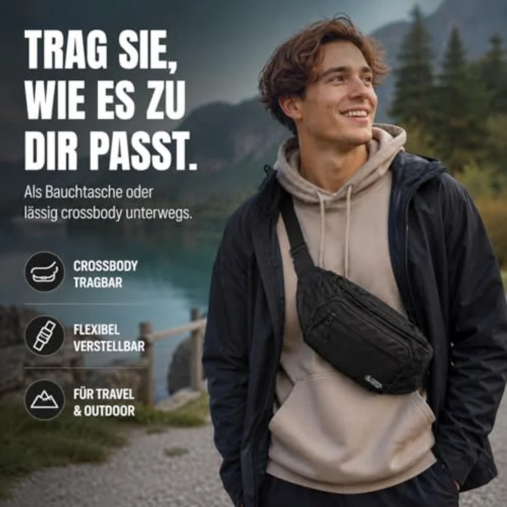 Terra Peak® Bauchtasche 1,5L mit Geo-Tag-Fach - Hüfttasche schwarz für Damen und Herren, gepolstert, 5 Fächer, wasserabweisend, ideal für Sport, Wandern und Reisen – Bild 2