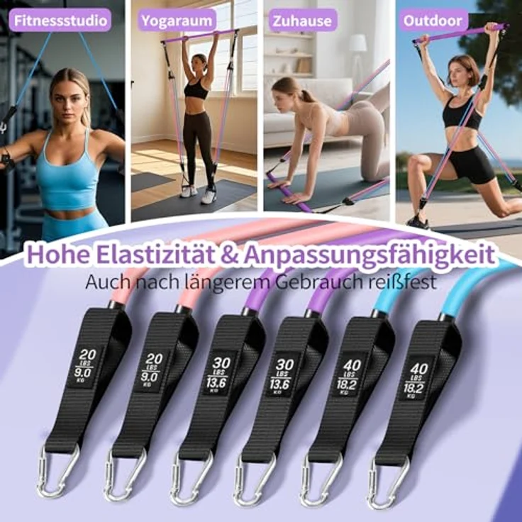 Fokky Pilates Bar Set mit 6 Resistance Bands (20/30/40lbs), verstellbare Edelstahlstange und Türanker für ganzheitliches Training zuhause – Bild 5