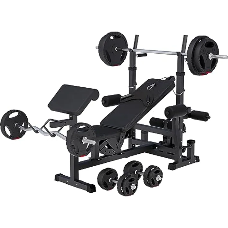 GORILLA SPORTS® Multifunktion Hantelbank - mit Hantelset 100kg, Latzug, Dip-Station, Schwarz/Weiß