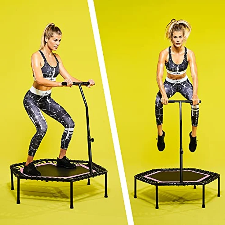 GORILLA SPORTS® Fitness Trampolin - 6-Fach Höhenverstellbarer Haltegriff, Leise Gummiseilfederung, 77cm Sprungfläche, bis 100kg Belastbar, Farbwahl - Jumping Fitness Trampolin, Indoor/Outdoor, schwarz – Bild 5