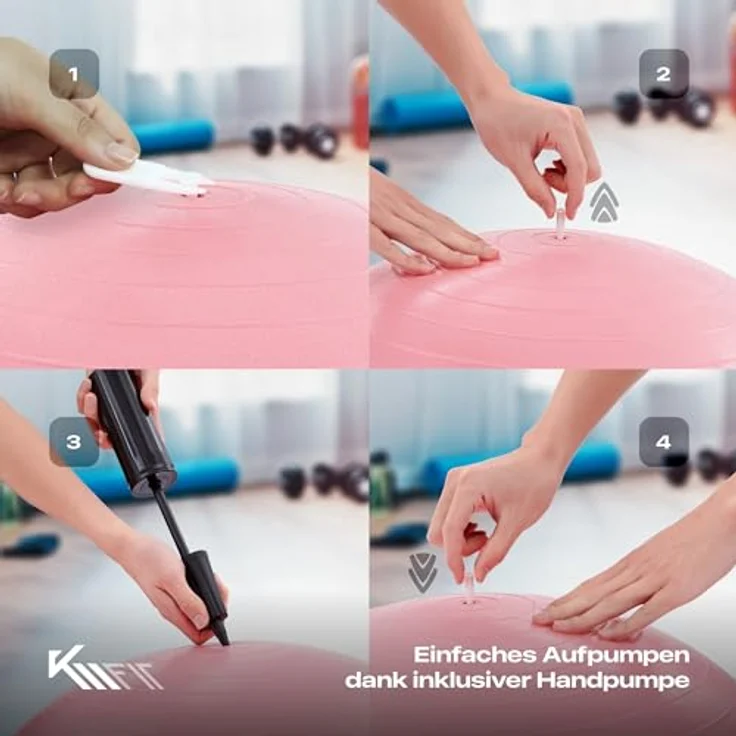 KM-Fit Gymnastikball 75cm | Trainingsball mit Luft-Pumpe | Sitzball Büro Anti-Burst | Ball für Fitness, Yoga, Gymnastik, Core Training | Pezziball Yogaball BPA-Frei | Pink – Bild 5