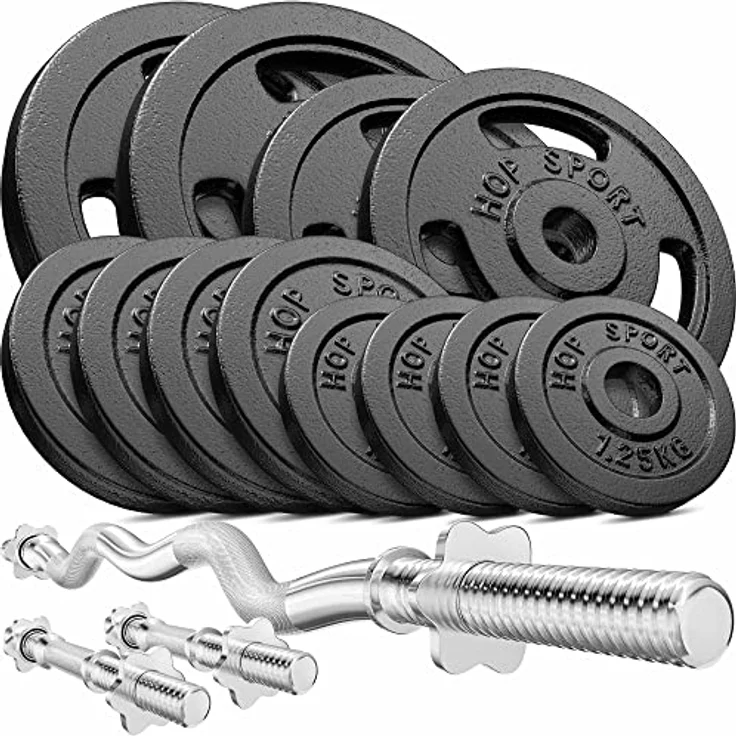 Hop-Sport Guss Hantelset mit SZ-Stange, Kurzhantelstangen und Gewichten, 1x Curlstange, 2X Kurzhantel, Set 37kg 57kg oder 77kg zur Auswahl (57kg) – Bild 1