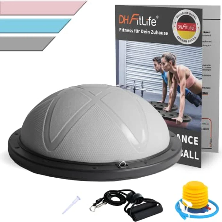 DH FitLife Balance Ball, Yoga Gleichgewichtstrainer Φ60*22cm bis 200 KG belastbar, halber Gymnastikball Fitness Balance Board, Balance-Board mit Pumpe und 2 Fitnessbändern, Grau – Bild 1