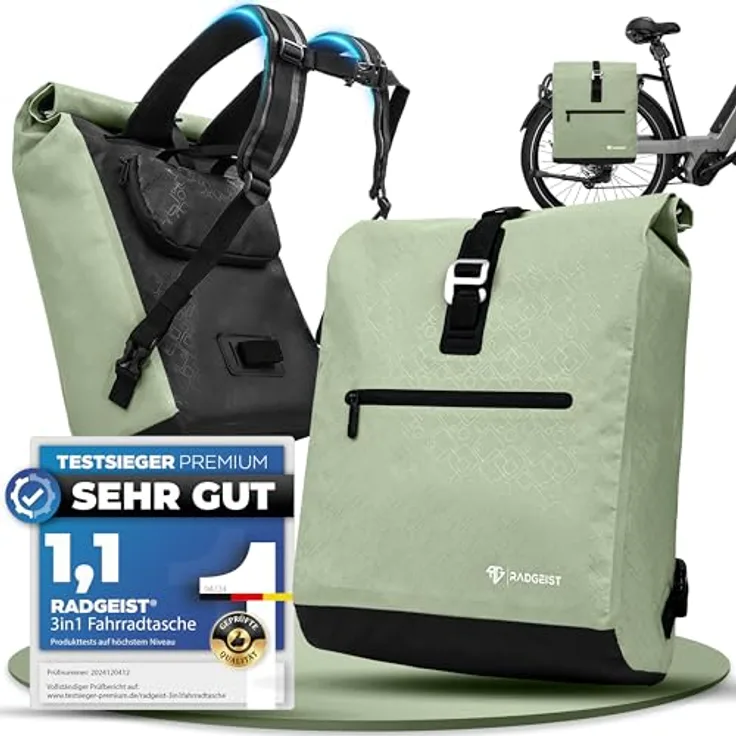 RADGEIST Fahrradtasche für Gepäckträger, 20L Rucksack & Umhängetasche in Mint, wasserdicht, mit Laptopfach, für Damen & Herren