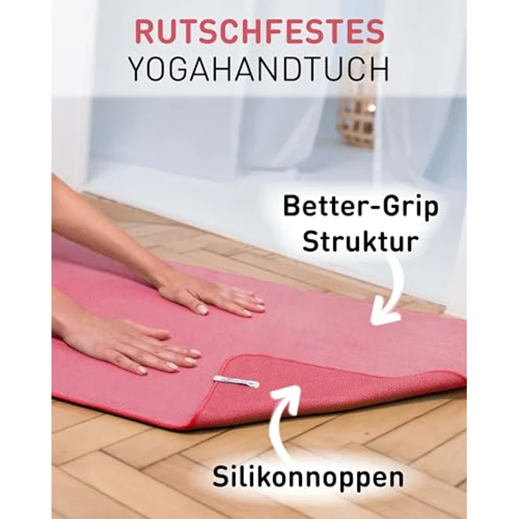 Fit-Flip Yoga Handtuch, rutschfest mit Noppen, schnelltrocknend aus Mikrofaser, hygienische Auflage für Yogamatte, 185 x 63 cm – Raspberry – Bild 3