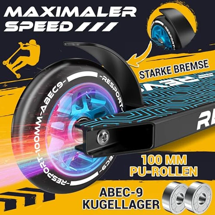 RE:SPORT® Stunt Scooter REVO, Profi Stuntroller für Kinder & Erwachsene mit Ständer, 100mm Polyurethanräder, Y-Bar, ABEC 9 Kugellager, Tretroller Trickroller – Bild 5