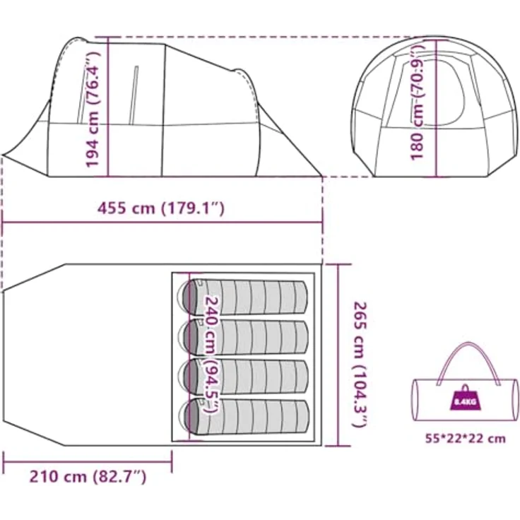 vidaXL Tunnelzelt 4 Personen, wasserdichtes Familienzelt mit E-Anschluss und Netzwänden, blau, 185T Polyester – Bild 3