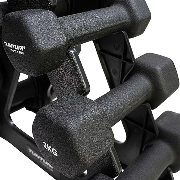 Tunturi 6er Set Kurzhanteln mit Rack, Hantelset mit je 2 x 1 kg, 2 kg, 3 kg, Kurzhantelset, Hanteln aus Gusseisen – Bild 4