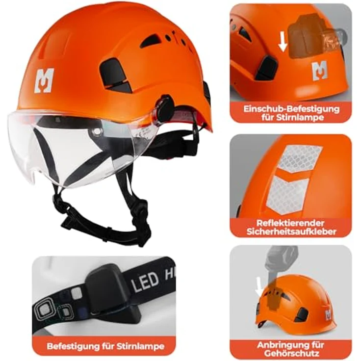 Mustbau Helm HSE06S, Kletterhelm mit gefütterten Schaumstoffpolstern, verstellbarem Drehknopf und robustem Visier, orange – Bild 5