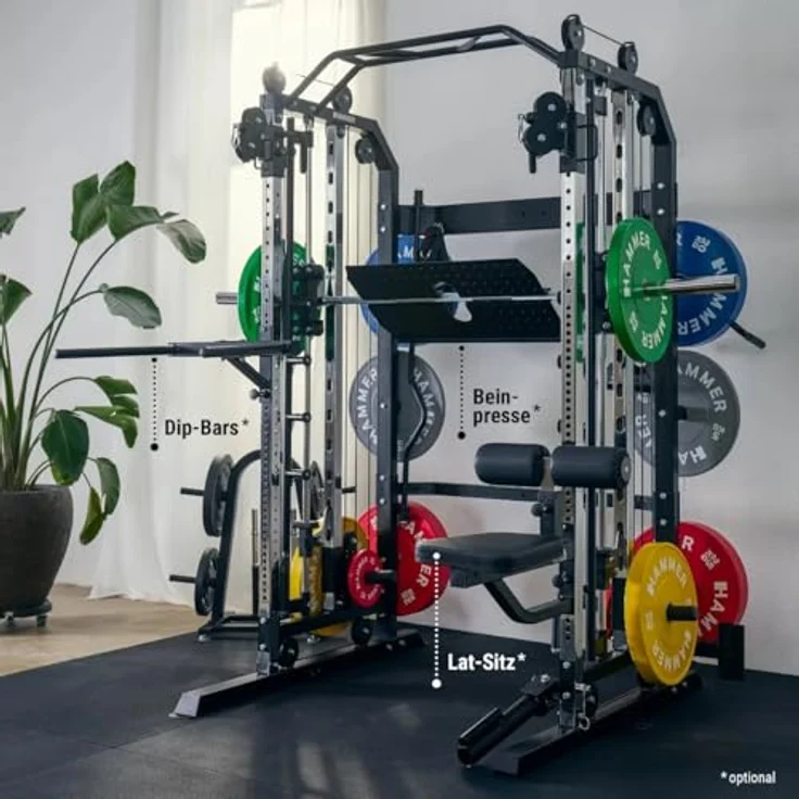HAMMER Kraftstation Autark Smith Machine Multi, Multipresse mit Sicherheitsmechanismus, höhenverstellbarem Doppel-Seilzugsystem, inkl. Landmine und Langhantelablagen, kompatibel mit 30 & 50 mm Gewichtsscheiben – Bild 5